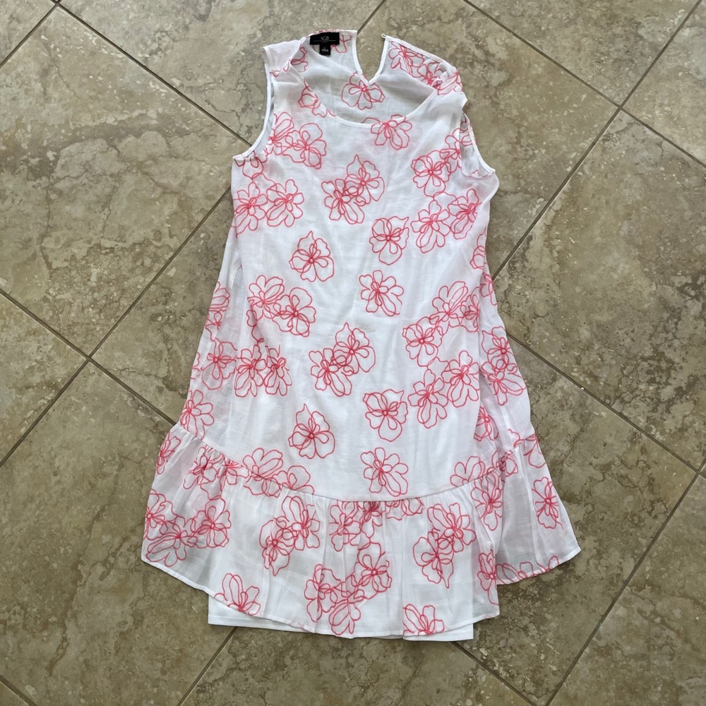 AGB Dress Womens Large White Pink Floral Embroidered Ruffle Hem Sleeveless Shift